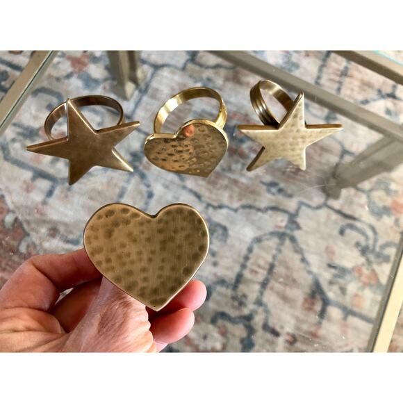 Vintage Gold Brass Hearts & Stars Napkin Rings, Solid Brass Holders, Set of 4 - Picture 3 of 8